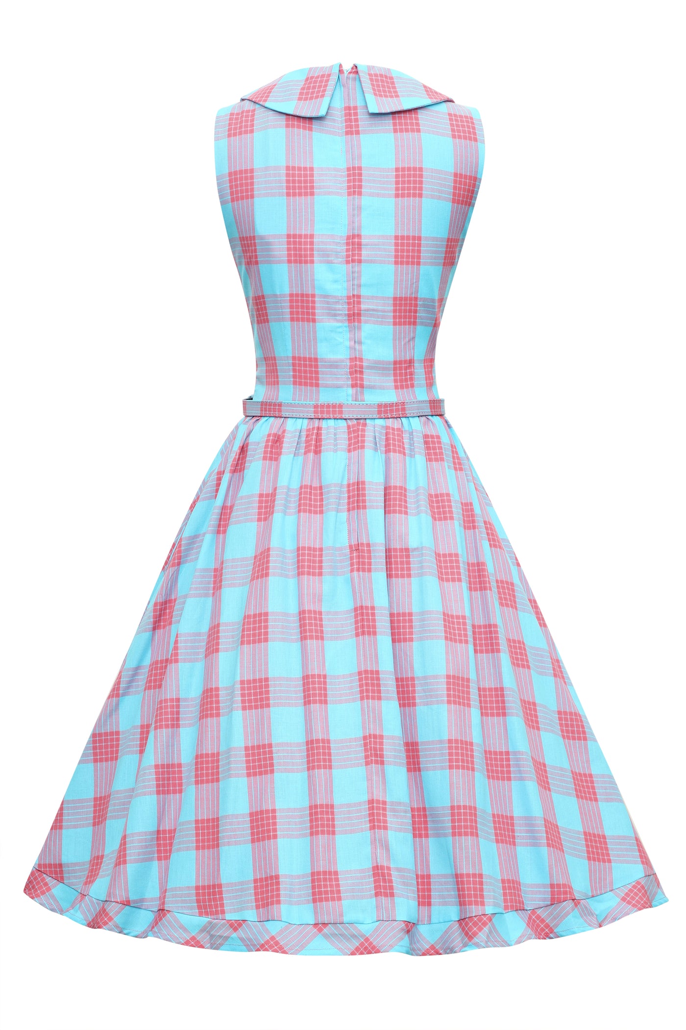 Blue and pink check shirt dress back view