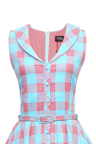 Blue and pink check shirt dress with buttons close up