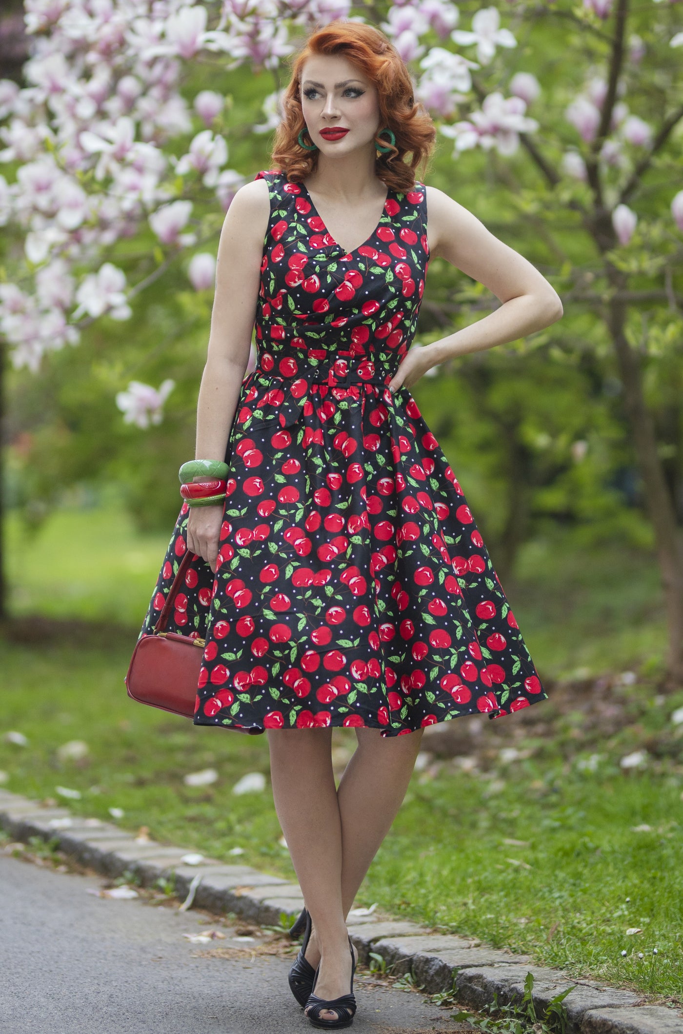 Women's Crossover Bust Cherry Swing Dress