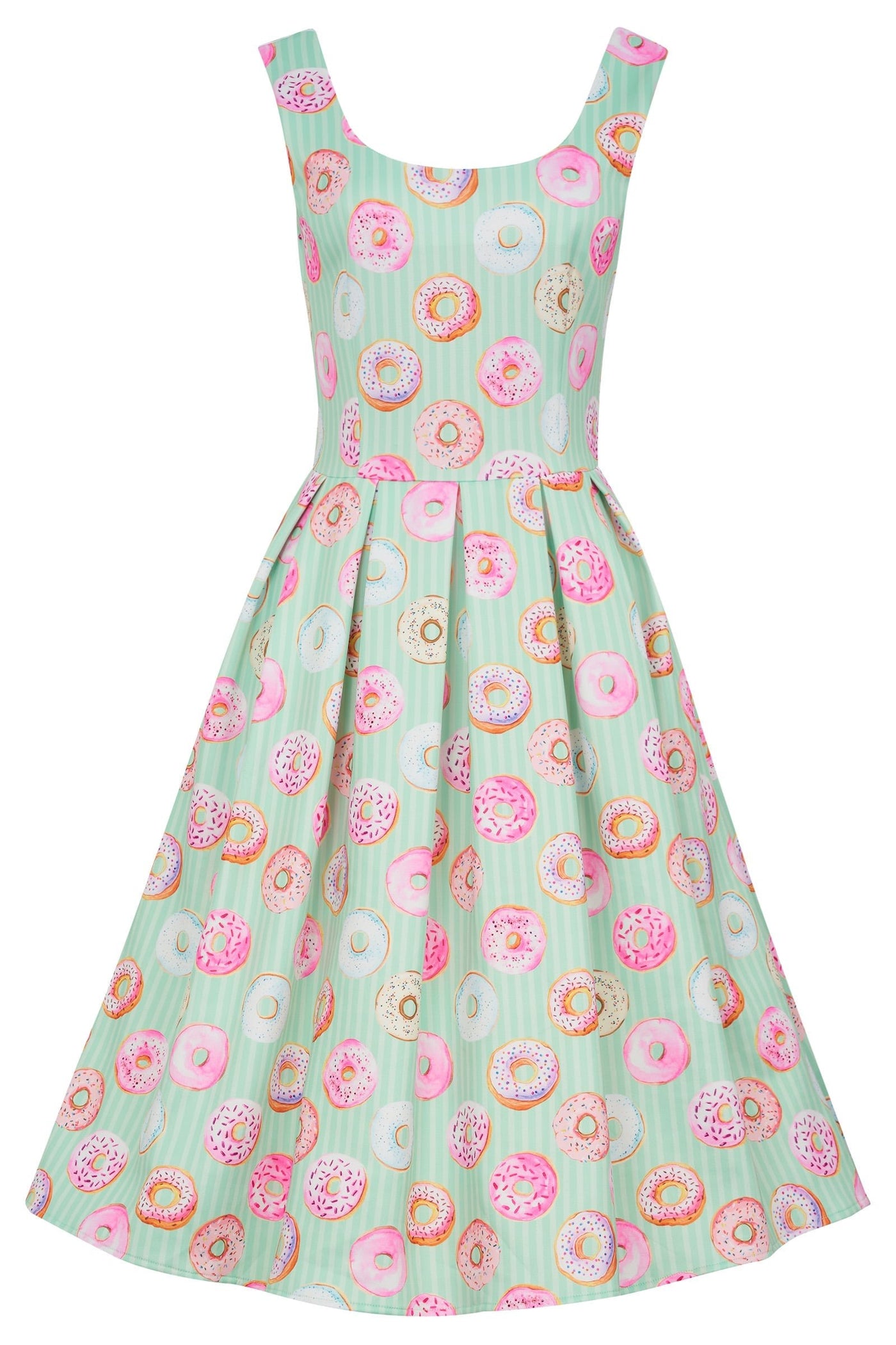 Front view of our sleeveless Amanda dress in striped mint green and donut print