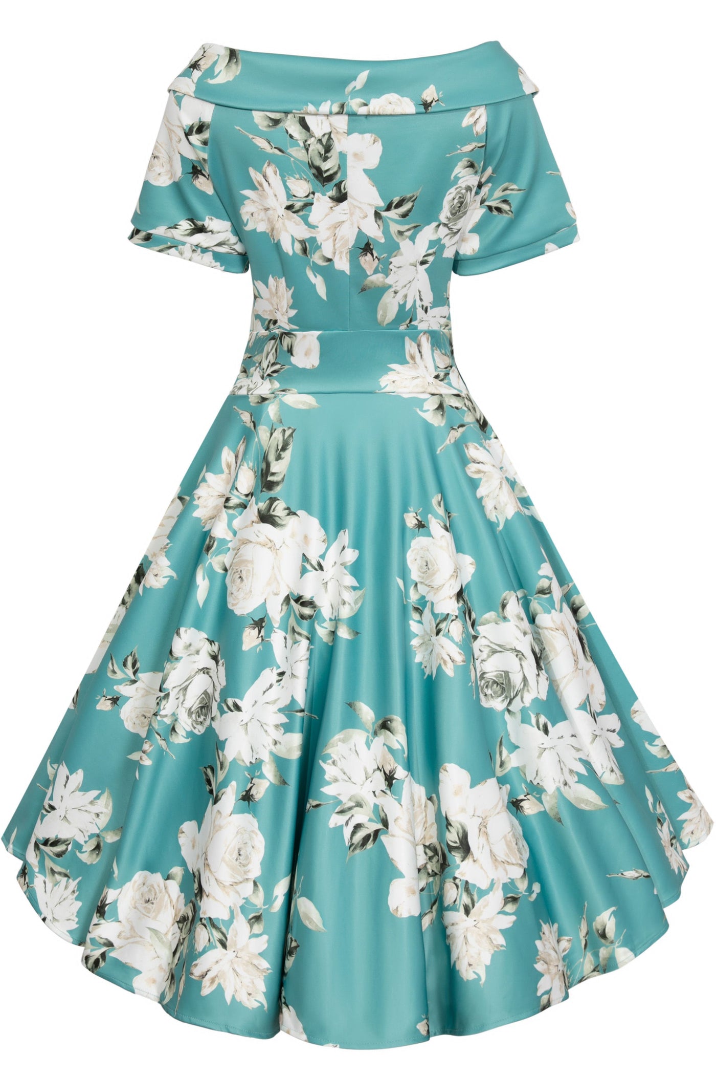 Short sleeved flared dress in mint/white floral print, back view