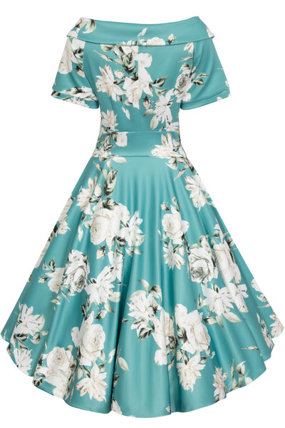 Short sleeved flared dress in mint/white floral print, back view