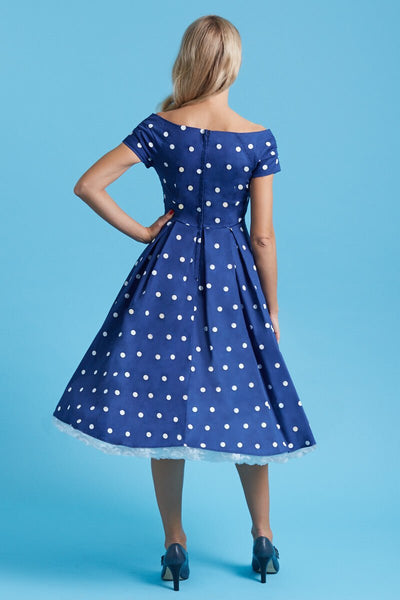 Lily Off-Shoulder Full Circle Dress in Dark Blue Polka Dot