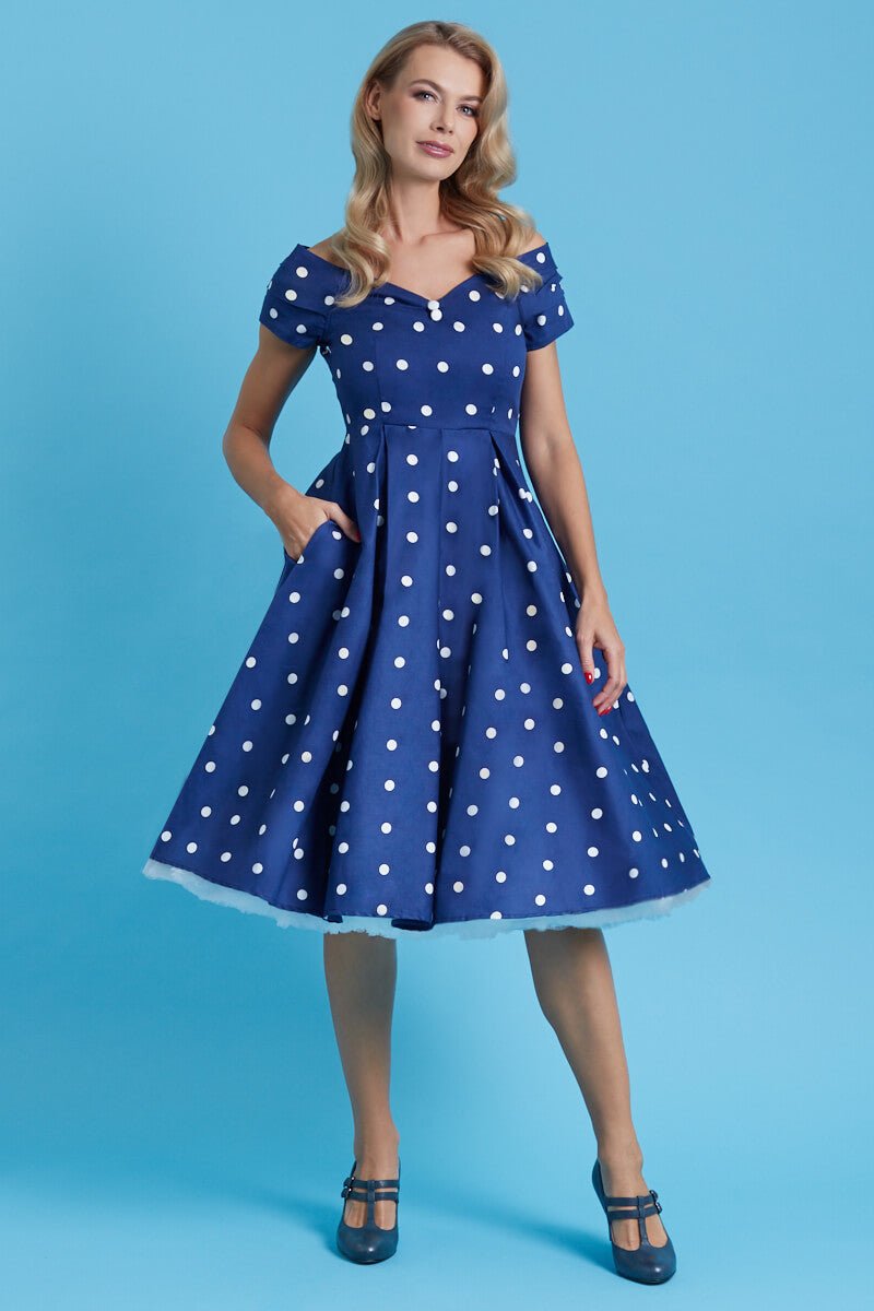 Navy Blue And White Polka Dot Dress In Cotton front view