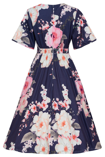 Navy Floral Petal Sleeve Dress 