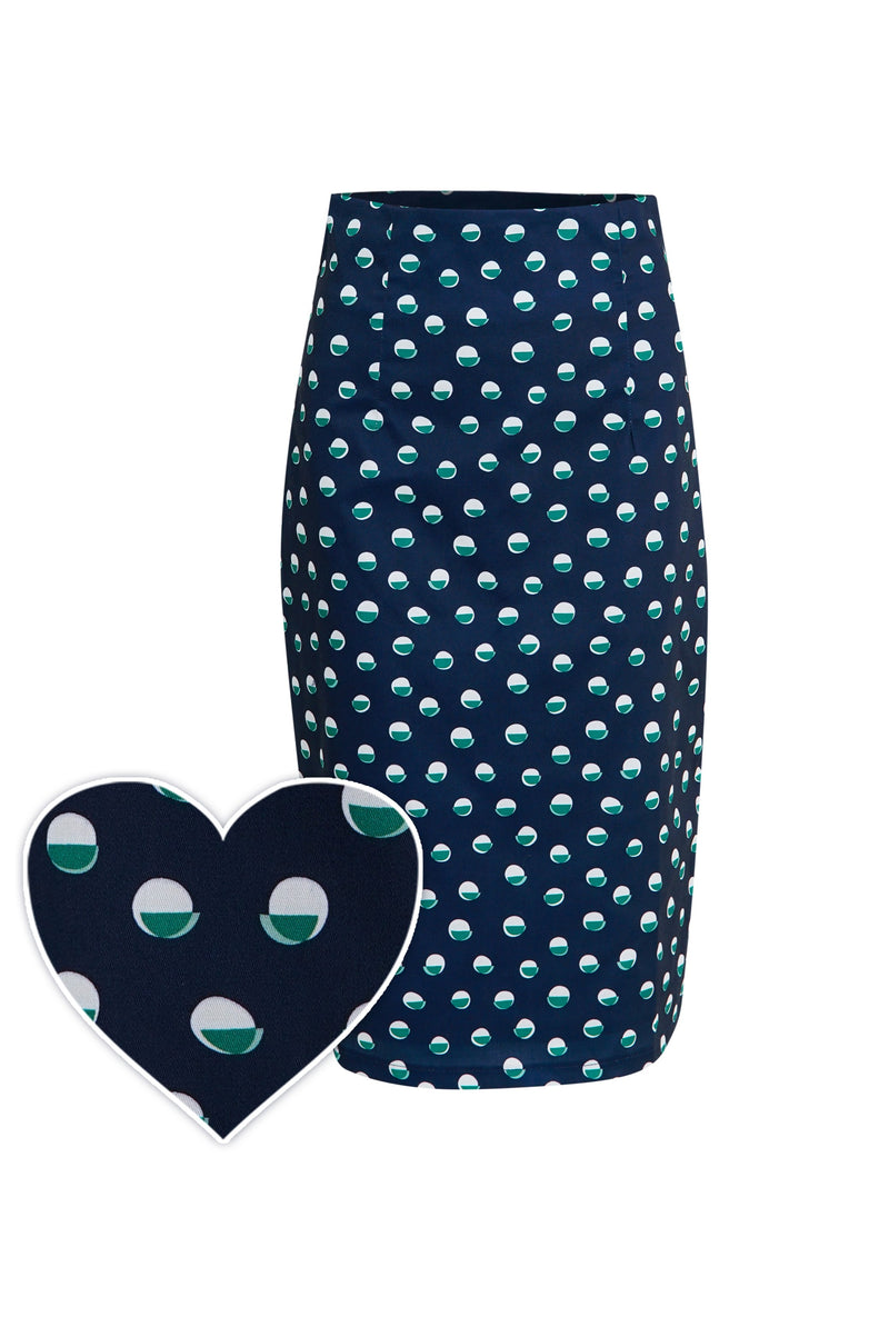 Front view of Navy Pencil Skirt With White & Green Polka Dots 