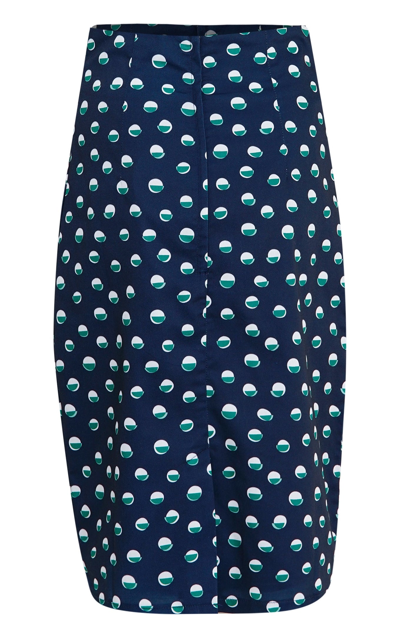 Back view of Navy Pencil Skirt With White & Green Polka Dots