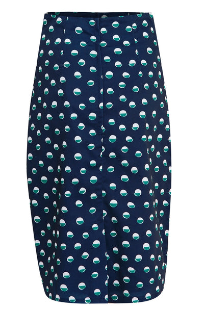 Back view of Navy Pencil Skirt With White & Green Polka Dots