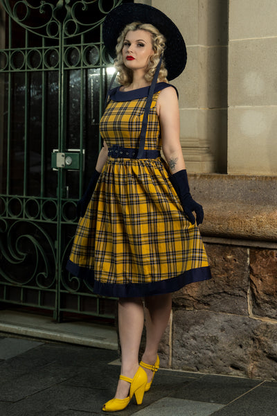 Cindy 50s Full Circle Dress in Yellow Navy Blue Tartan Print