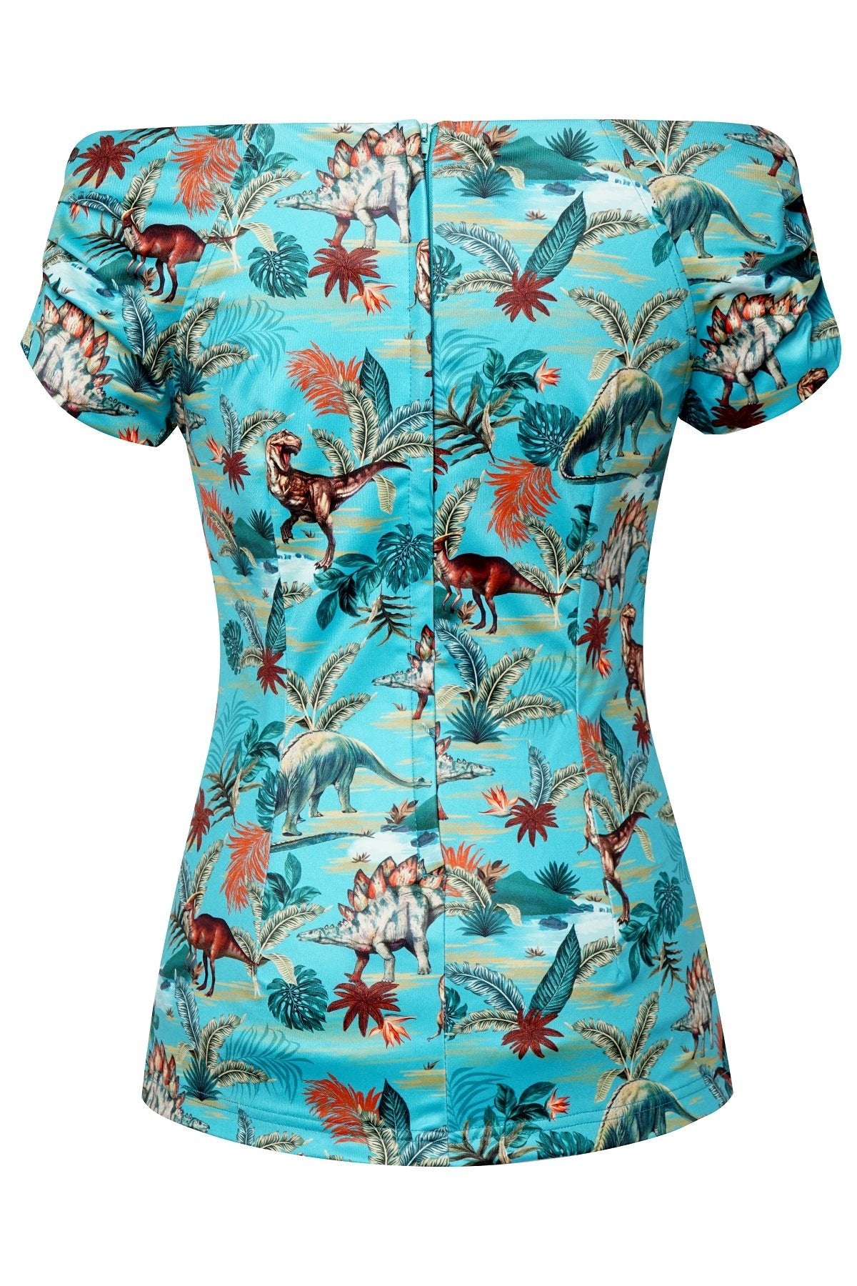 Off Shoulder blue dinosaur/pterosaur print top