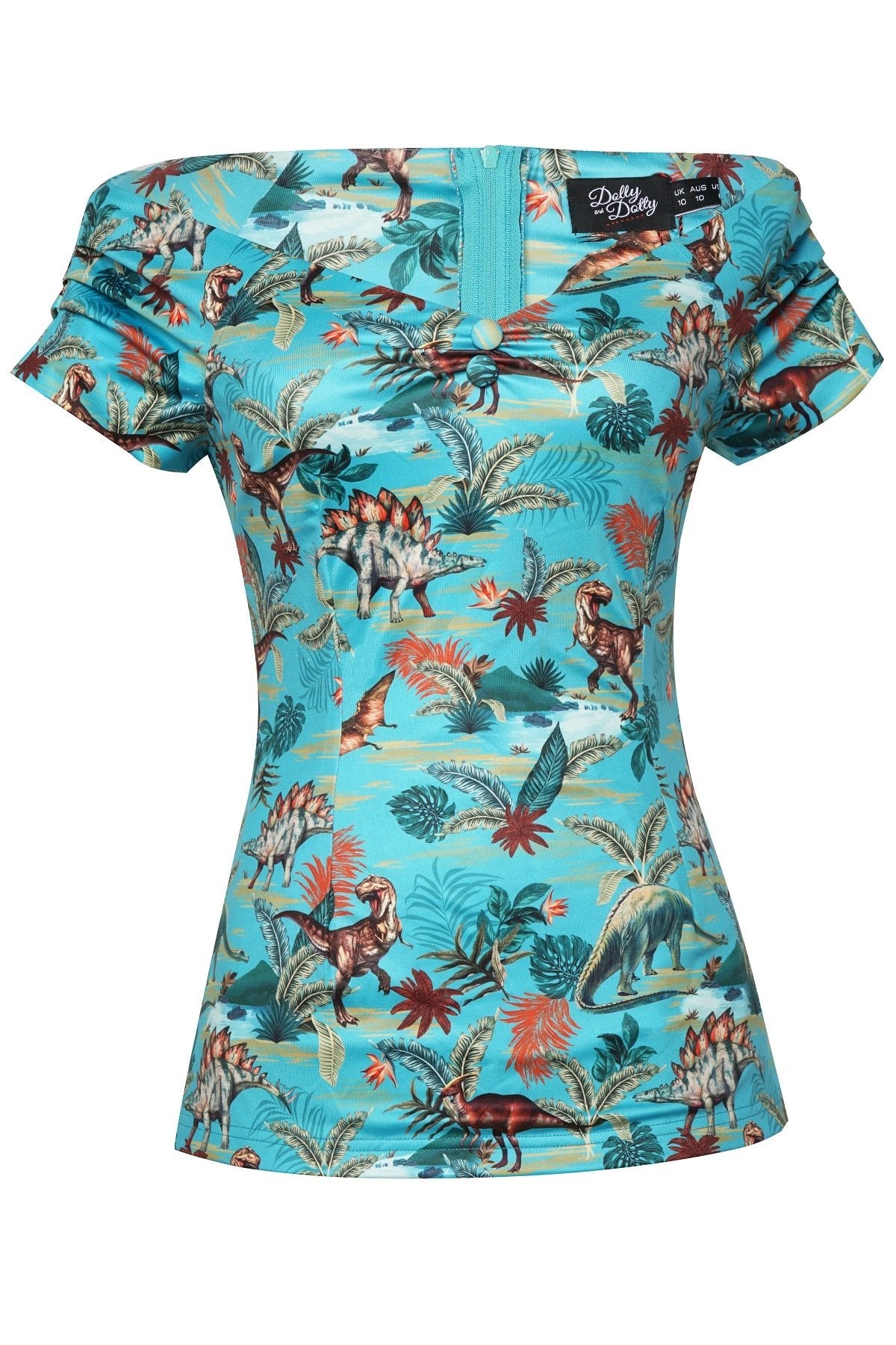 Blue dinosaur/pterosaur print top