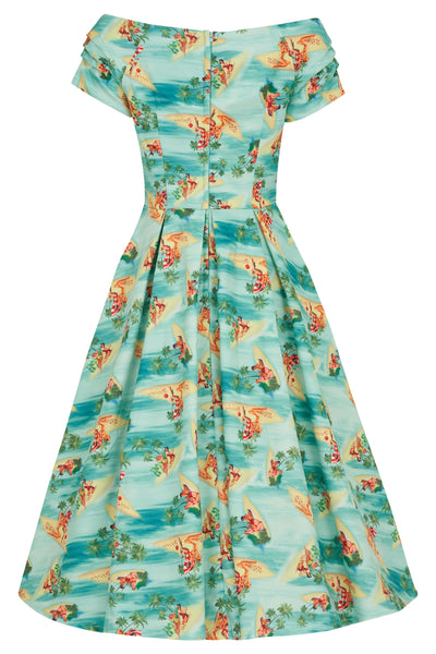 Off Shoulder Turquoise Dress In Pinup Beach Print