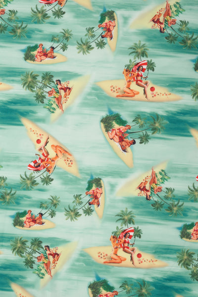 Off Shoulder Turquoise Dress In Pinup Beach Print