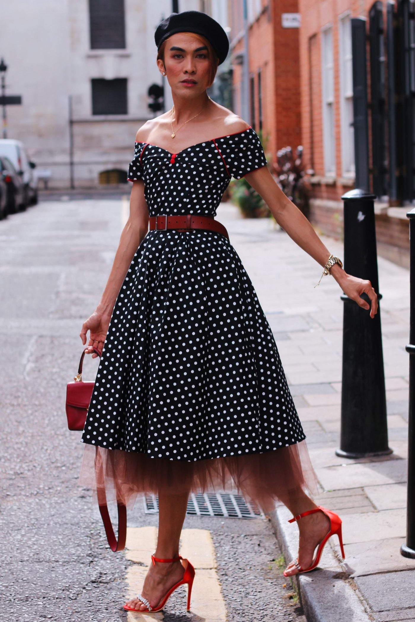 Lily Off Shoulder Black White Polka Swing Dress