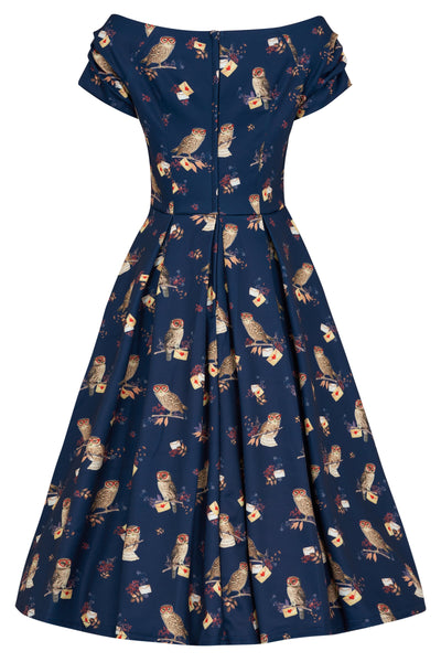 Off Shoulder Navy Owl Swing Dress
