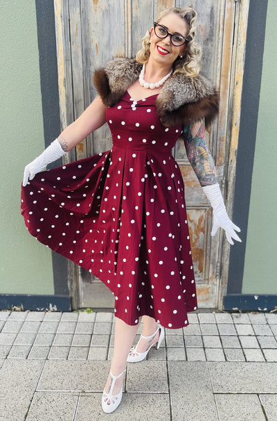 Off Shoulder Polka Dot Evening Dress in Burgundy/White