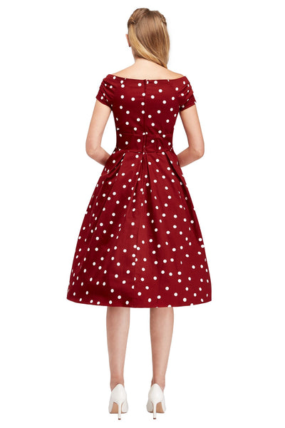 Off Shoulder Polka Dot Evening Dress in Burgundy/White