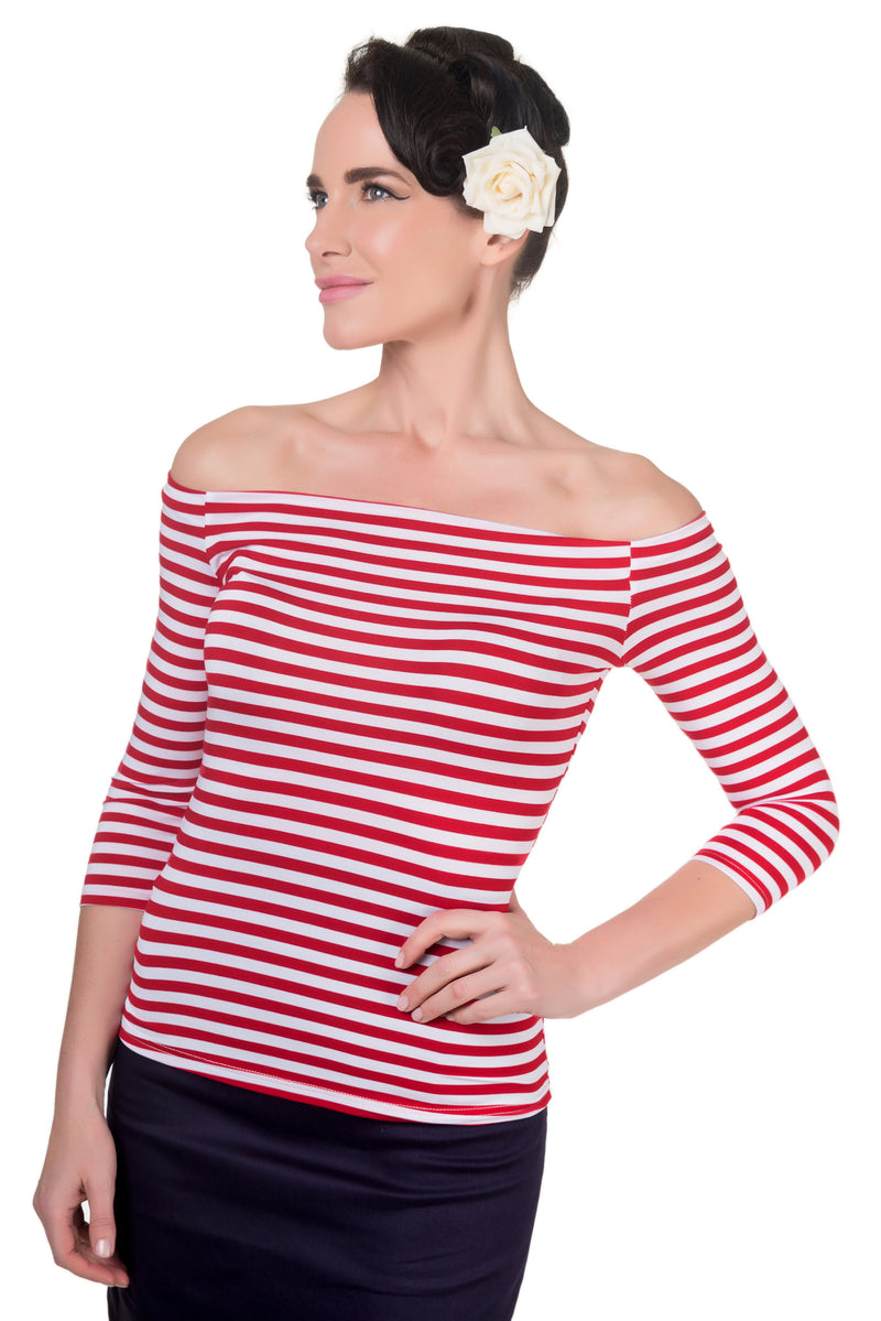 Gloria Off Shoulder Retro Striped Top in Red 8