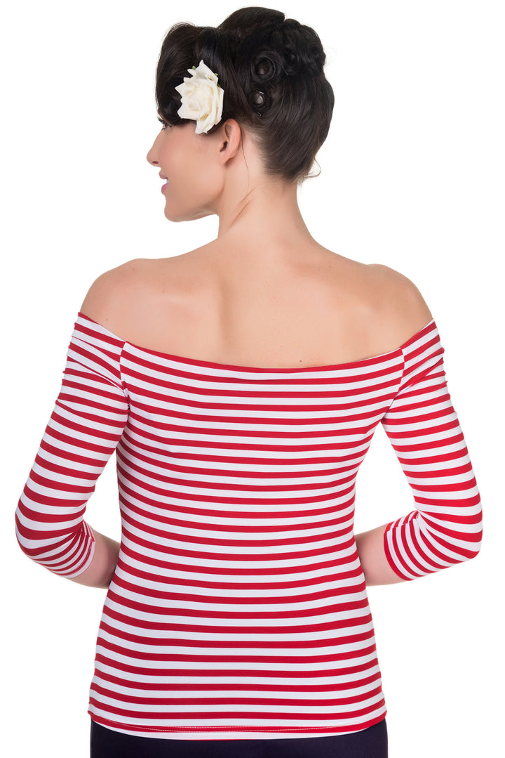 Gloria Off Shoulder Retro Striped Top in Red 8