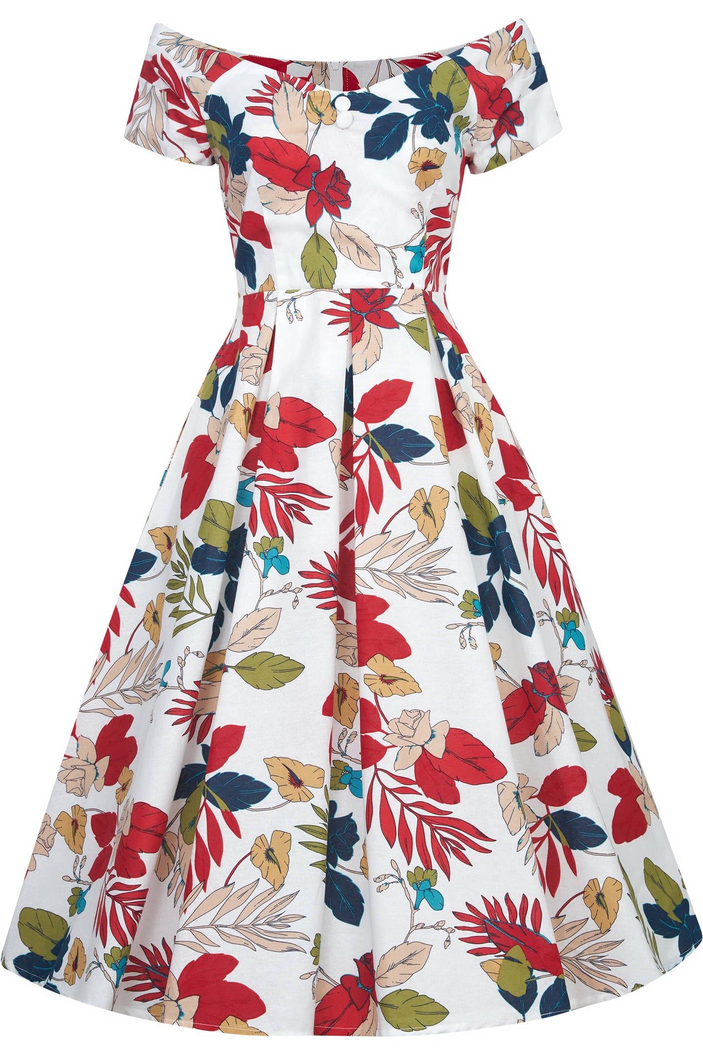Off Shoulder Tropical Floral Swing Dress In White