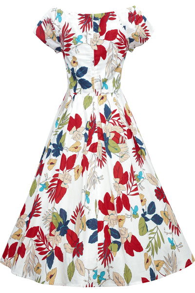 Off Shoulder Tropical Floral Swing Dress In White