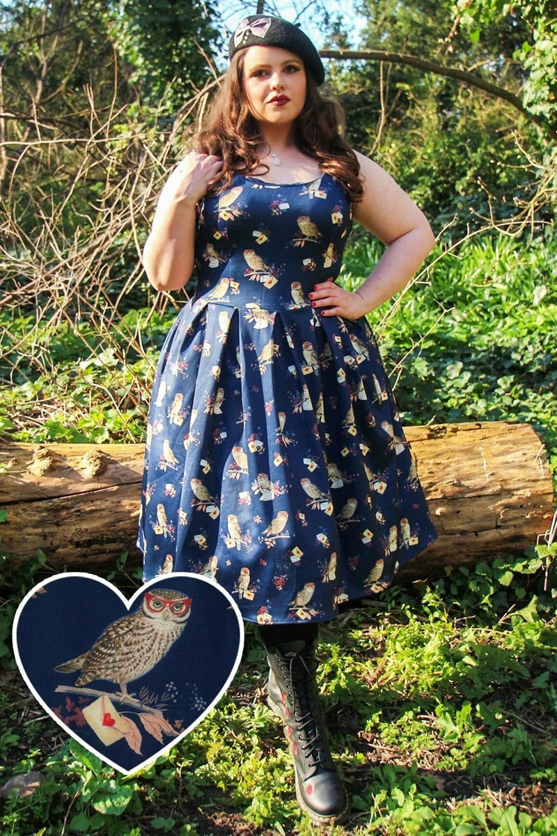 Amanda Owl & Letter Swing Dress in Dark Blue in the wood