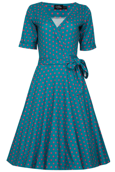 Peacock Blue & Pink Polka Dot Wrap Dress