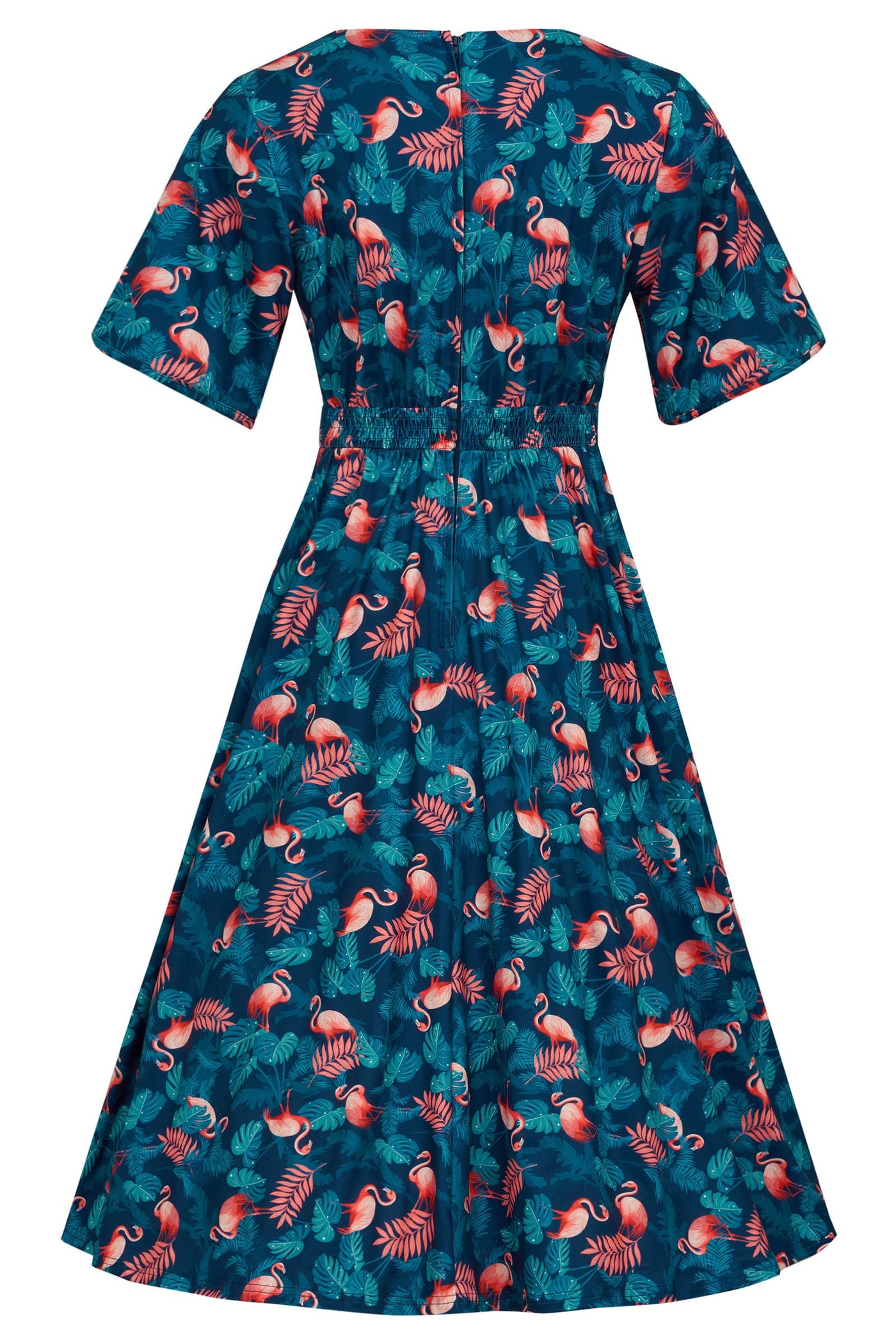 Janice Sleeved Tea Dress In Blue Flamingo Leaves Print