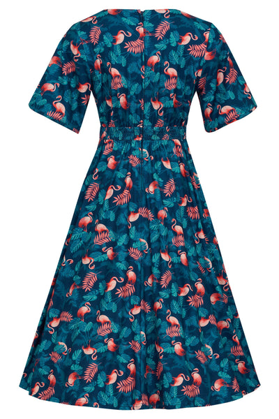 Petal Sleeve Dress In Blue Flamingo & Palm Leave Print 