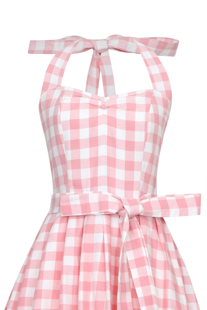 strapless open back dress Sophia Rockabilly Halterneck Pink Gingham Swing Dress