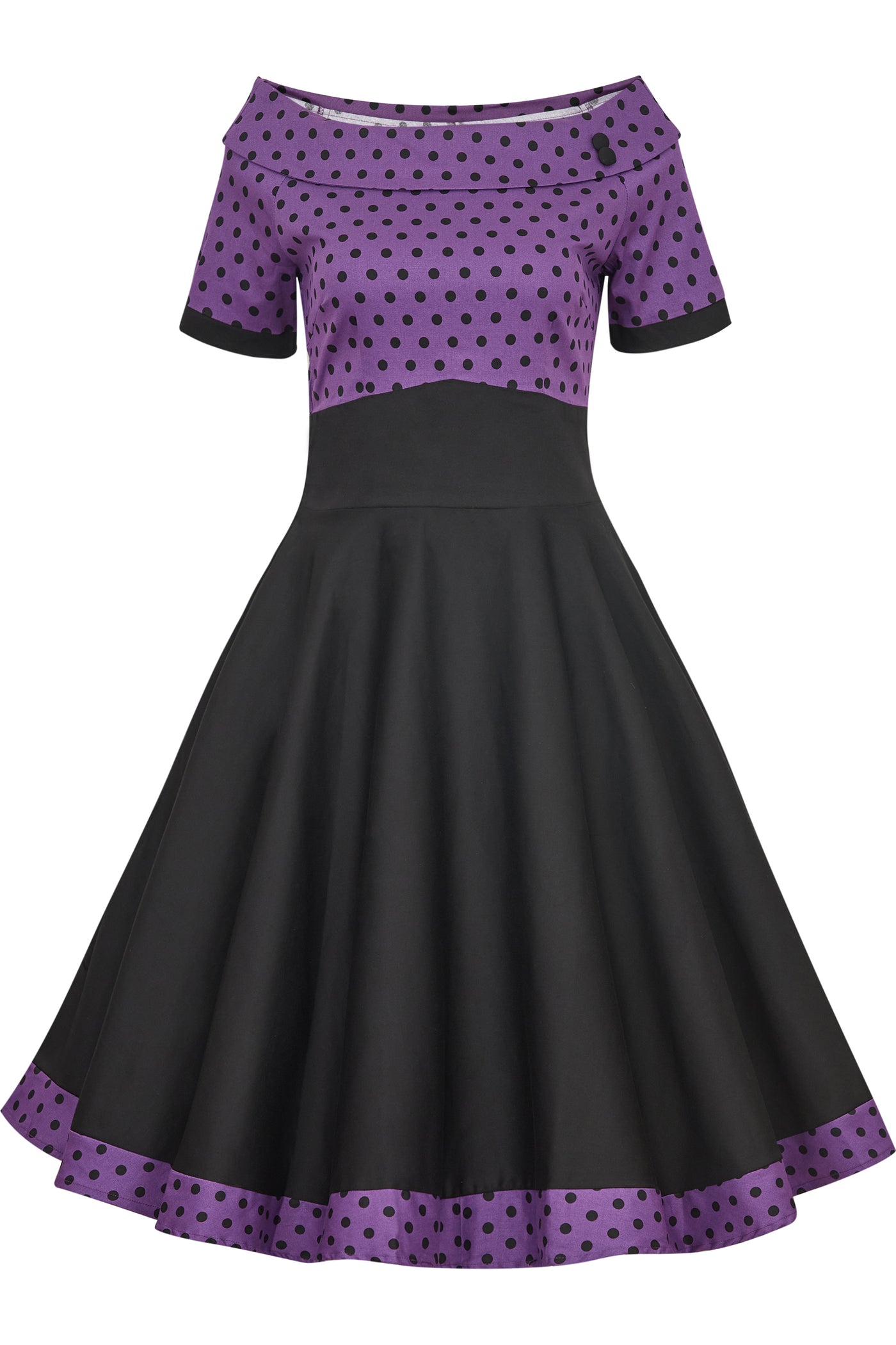 Plus Size Retro Purple and Black Polka Dot Circle Dress front view