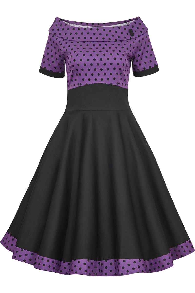 Plus Size Retro Purple and Black Polka Dot Circle Dress front view
