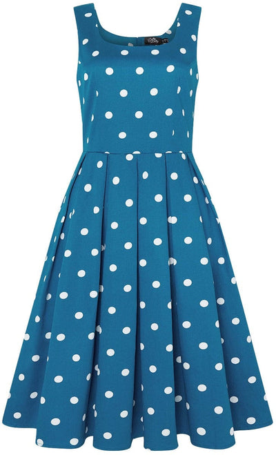 Front view of Polka Dot Swing Dress Peacock Blue & White