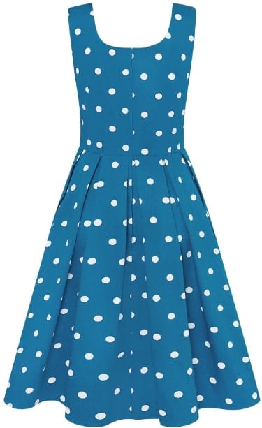 Back view of Polka Dot Swing Dress Peacock Blue & White