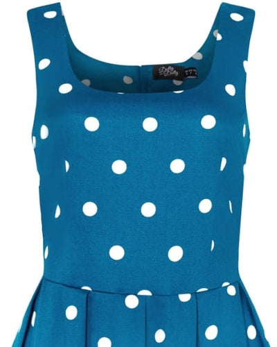 Close up view of Polka Dot Swing Dress Peacock Blue & White
