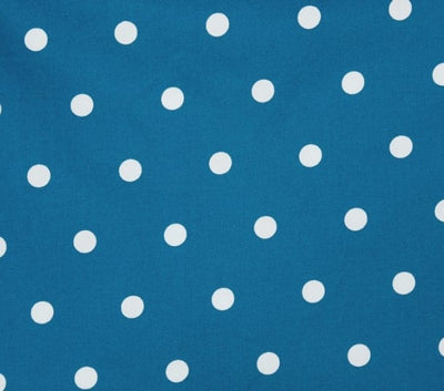 Close up view of Polka Dot Swing Dress Peacock Blue & White