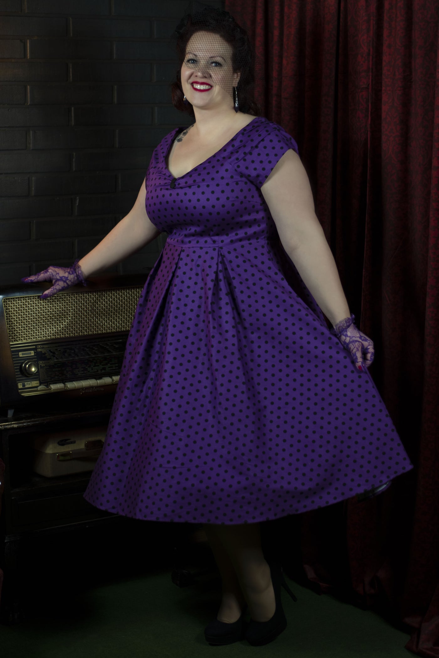 Rockabilly Purple Swing Dress with Sleeves front view