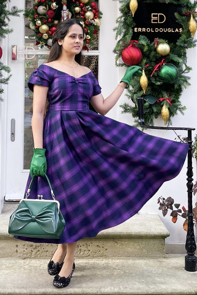 Purple Tartan Check Off Shoulder Swing Dress