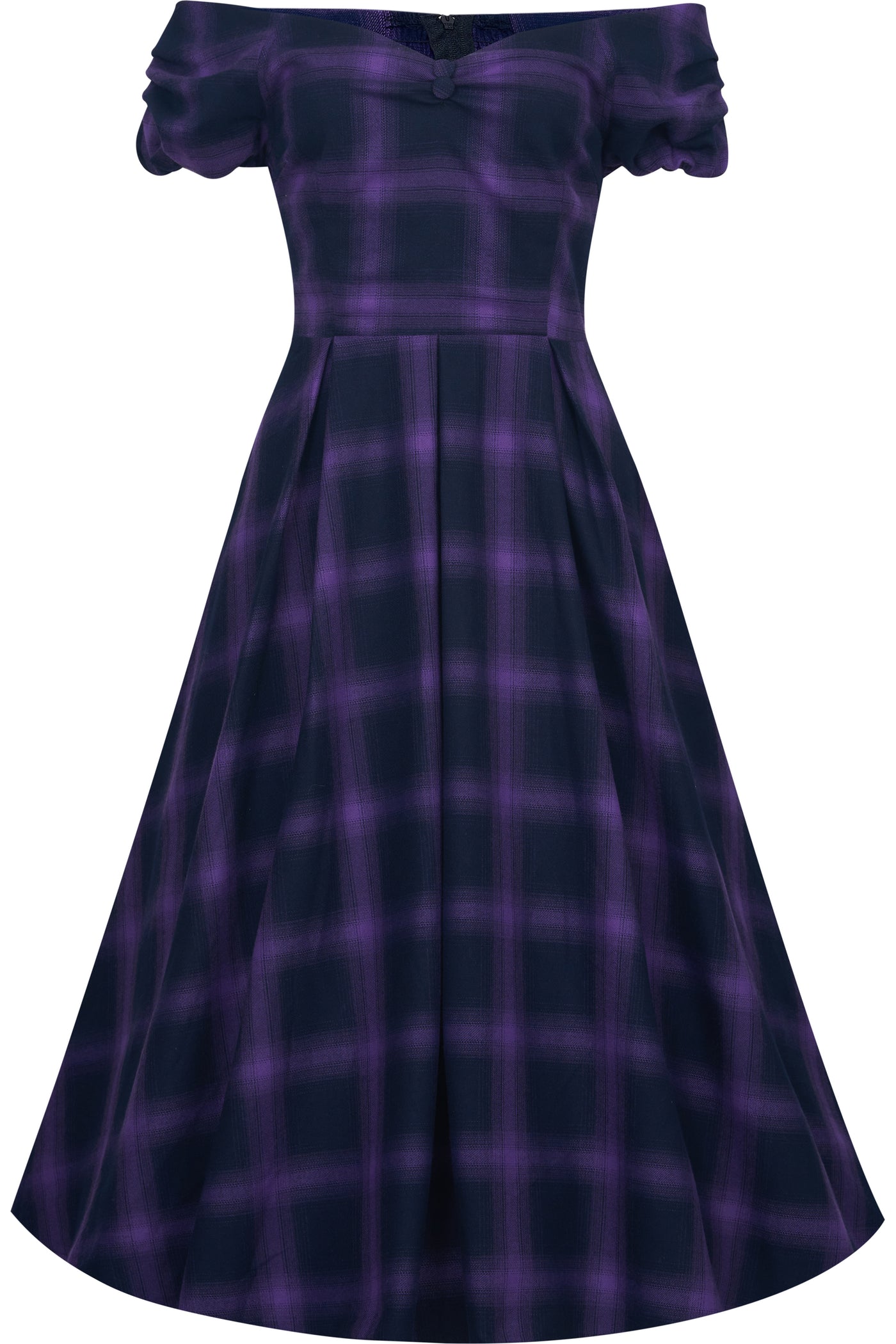 Purple Tartan Check Off Shoulder Swing Dress