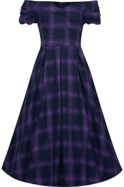 Purple Tartan Check Off Shoulder Swing Dress