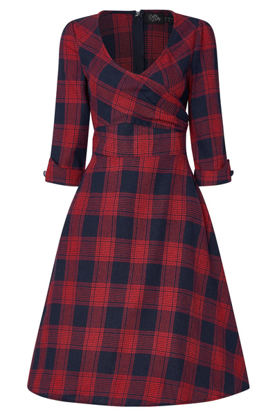 Red blue tartan sleeved flared dress