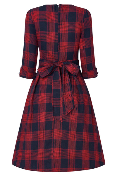 Red blue tartan sleeved flared dress back