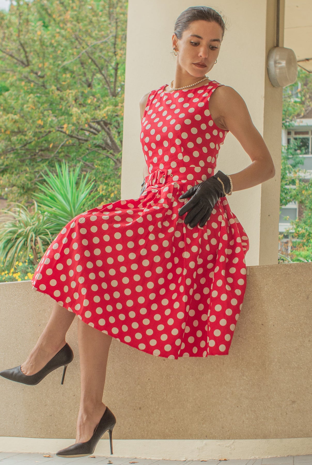 red and white polka dot swing dress VTG Y2K Red White Polka Dot Halter Swing Dress M 90s USA Unlined Smocked Back