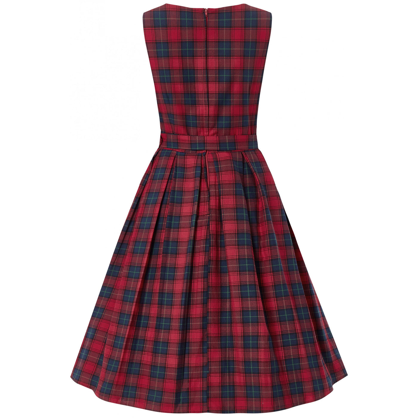 sleeveless Annie dress in red, with blue checks and matching belt, back view