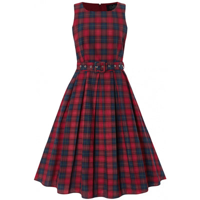 sleeveless Annie dress in red, with blue checks and matching belt front view