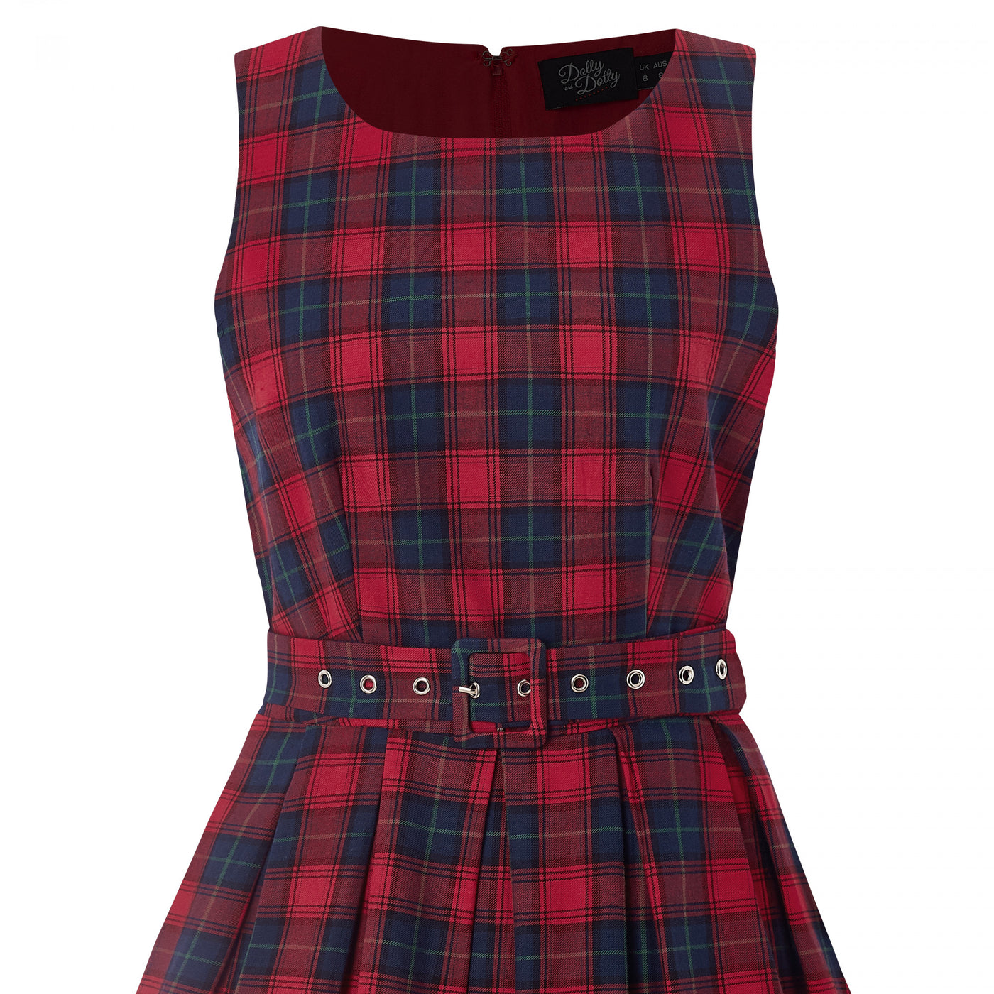 sleeveless Annie dress in red, with blue checks and matching belt, close up view