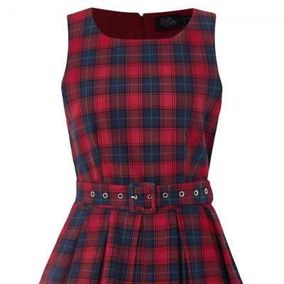 sleeveless Annie dress in red, with blue checks and matching belt, close up view