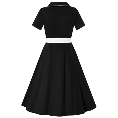 Short sleeve Penelope diner button top dress, in black and white, back view