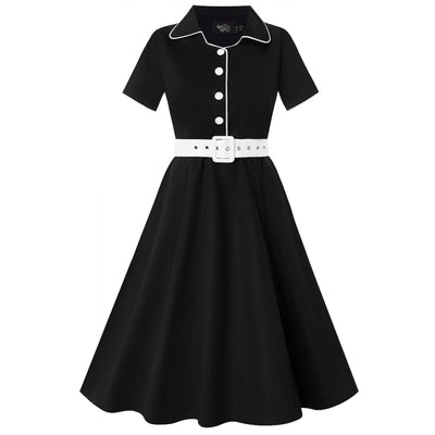 Short sleeve Penelope diner button top dress, in black and white, front view