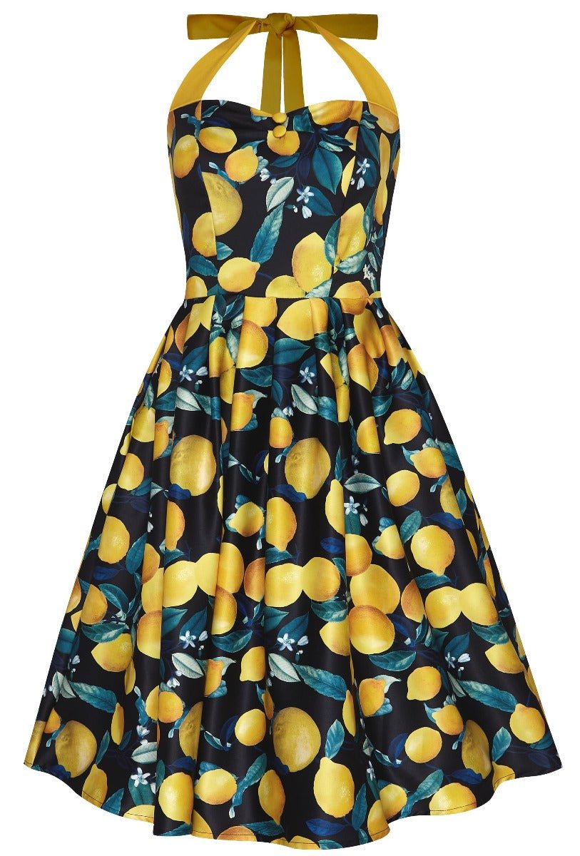 Sophia Halterneck Flared dress in black, with yellow lemons, front view